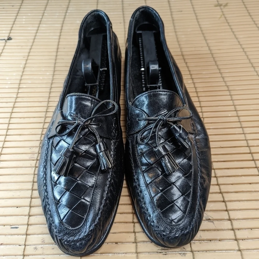 Johnston & Murphy Black Leather Woven Vamp Tassel Loafers Sz 11N Made In Italy